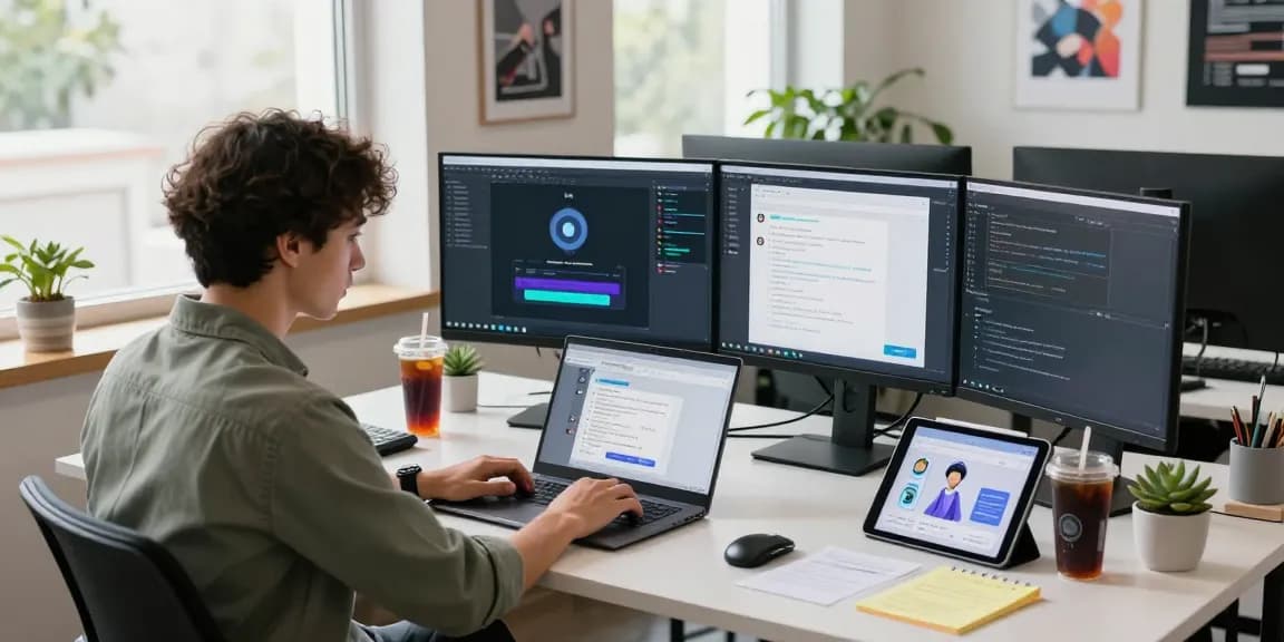AI chat NSFW development workspace with an engineer programming and dual monitors.