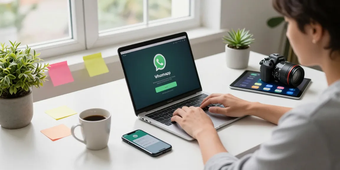 Effective workspace setup for WhatsApp下載, with laptop and smartphone highlighting modern communication.