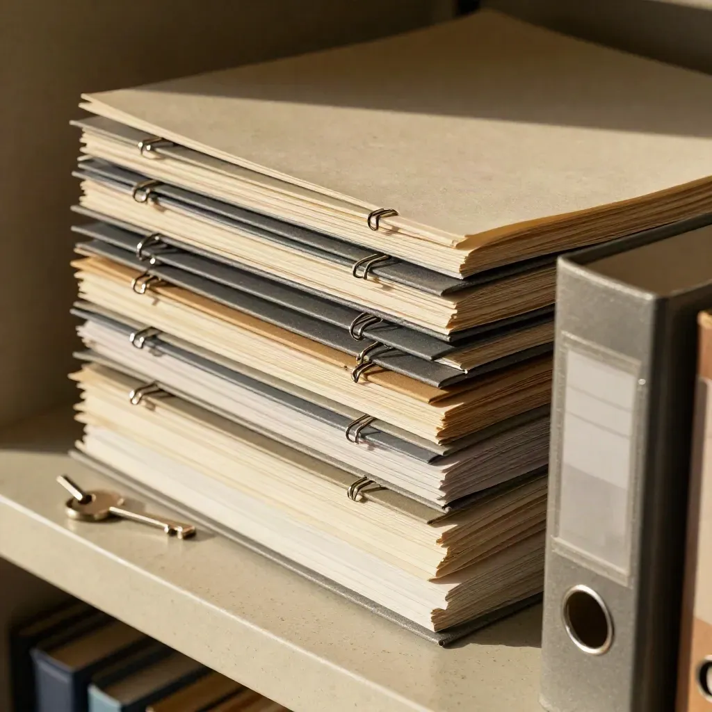Extreme macro of a litigation support bundle stack with tabs, clips and a half-open archive box.