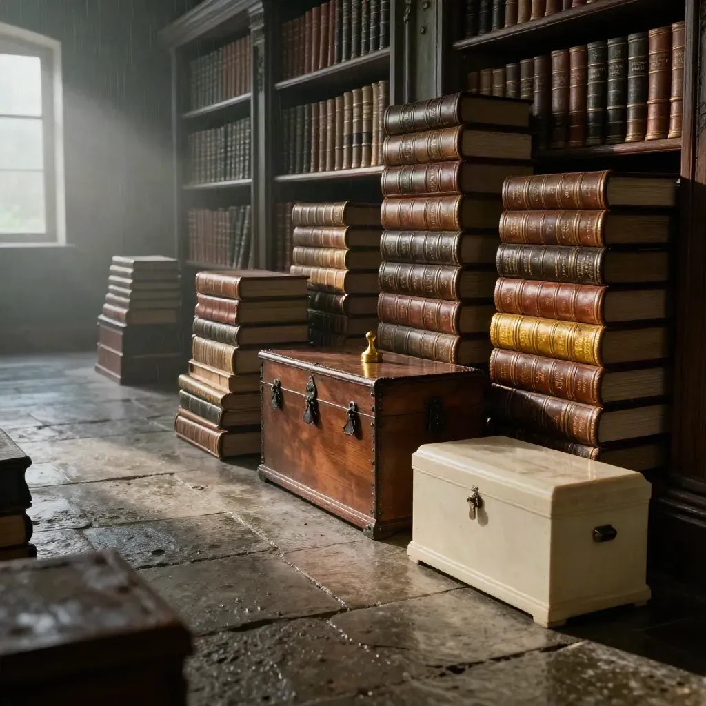 Vaulted legal archive with leather volumes, sealed chest, wax seal, and probate chest in dawn mist.