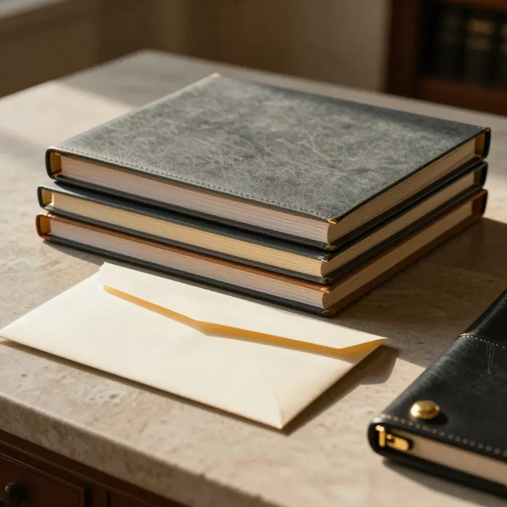 Legal folders, envelope and leather case on pale stone in dramatic low light