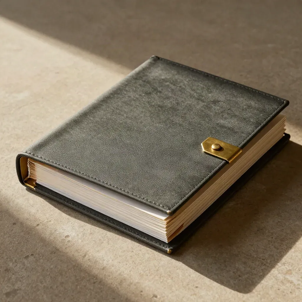 Closed compliance binder, checklist board, and policy sleeves on brushed stone under dramatic light