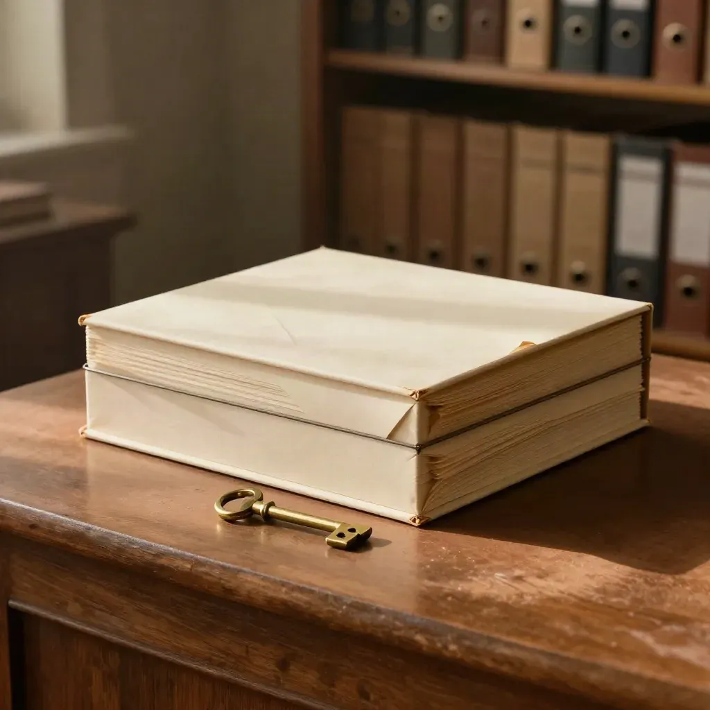 Brass key, ivory envelope, estate box and ribboned will folder on a clay archive plinth.