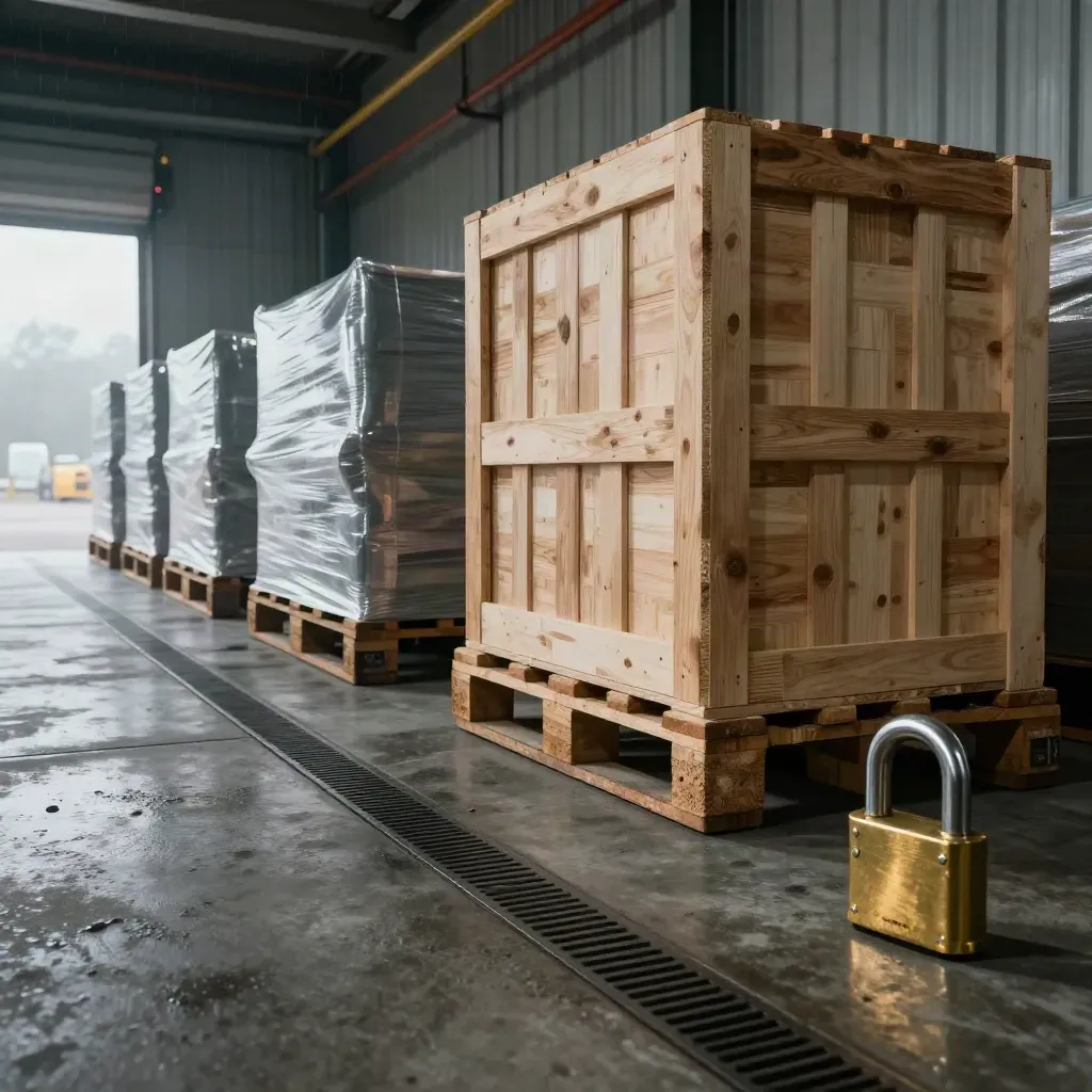 Industrial receiving bay with pallet stacks, secured crate, and brass lock in warm dock light.