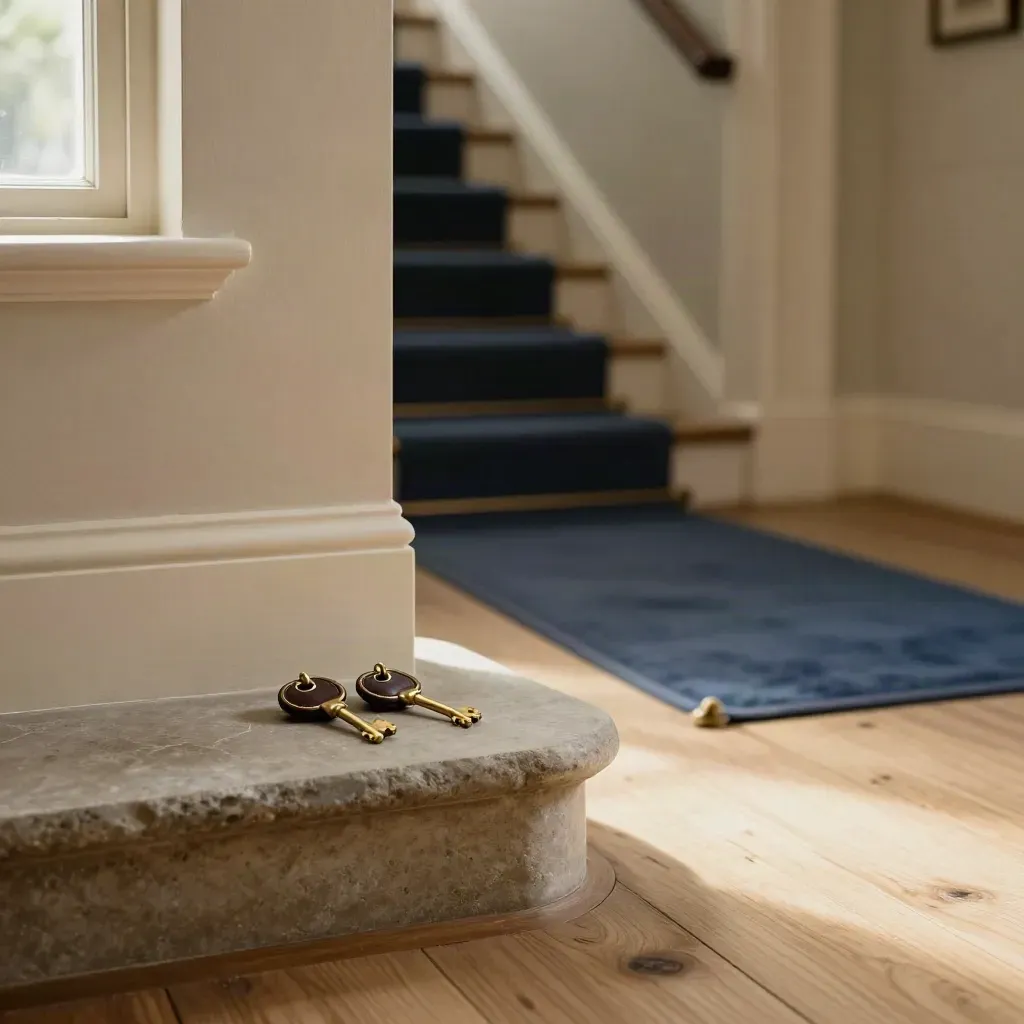 Victorian hallway with paired keys on a stone plinth and fresh trim in warm daylight.