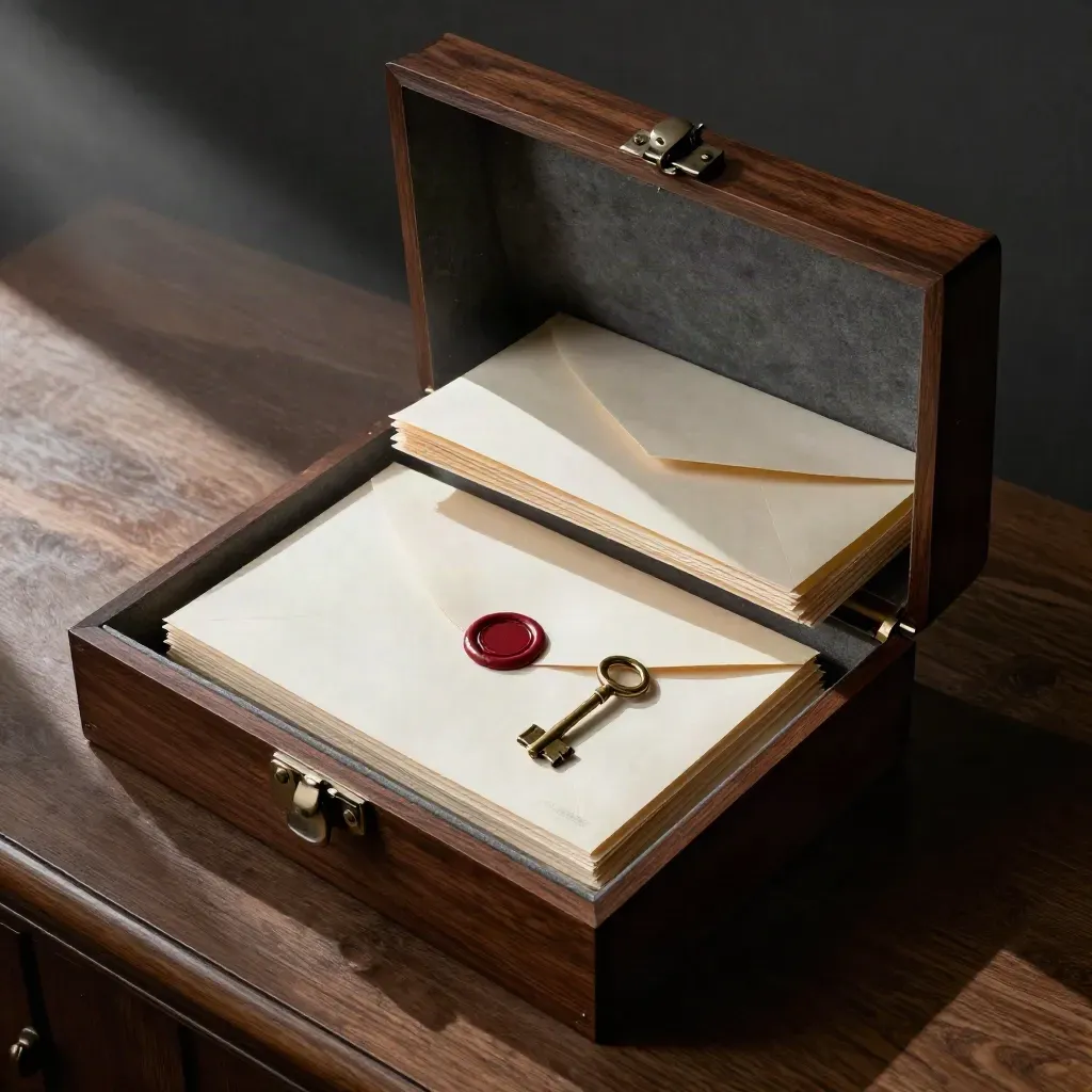 Estate archive box with probate papers, brass key and wax seal on walnut surface