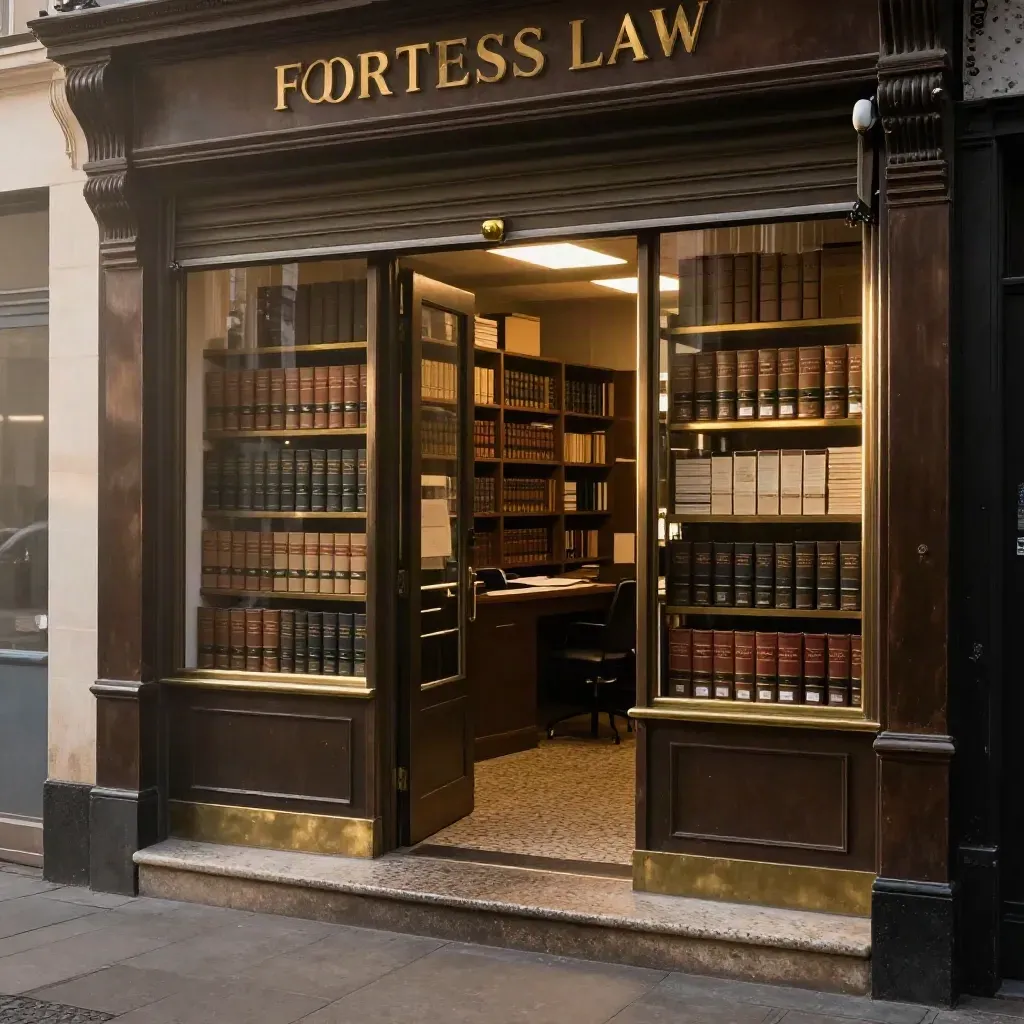 Lit legal shopfront with shutter up, file shelves glowing, misty street outside