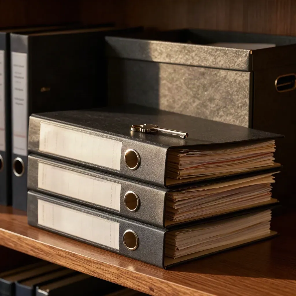 Litigation binders, steel clips, and a slate file box on a walnut archive shelf