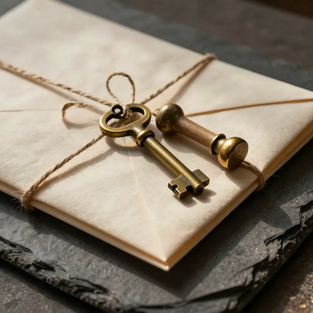 Ivory estate envelopes tied with twine, brass key and sealing wax on slate stone.