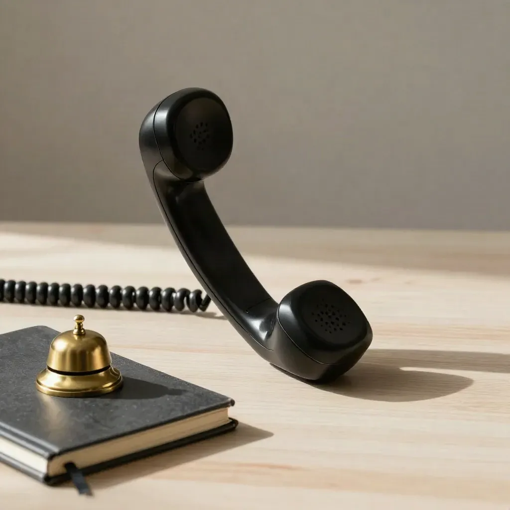 Black phone handset, closed notebook, and brass bell on pale oak with soft side light.