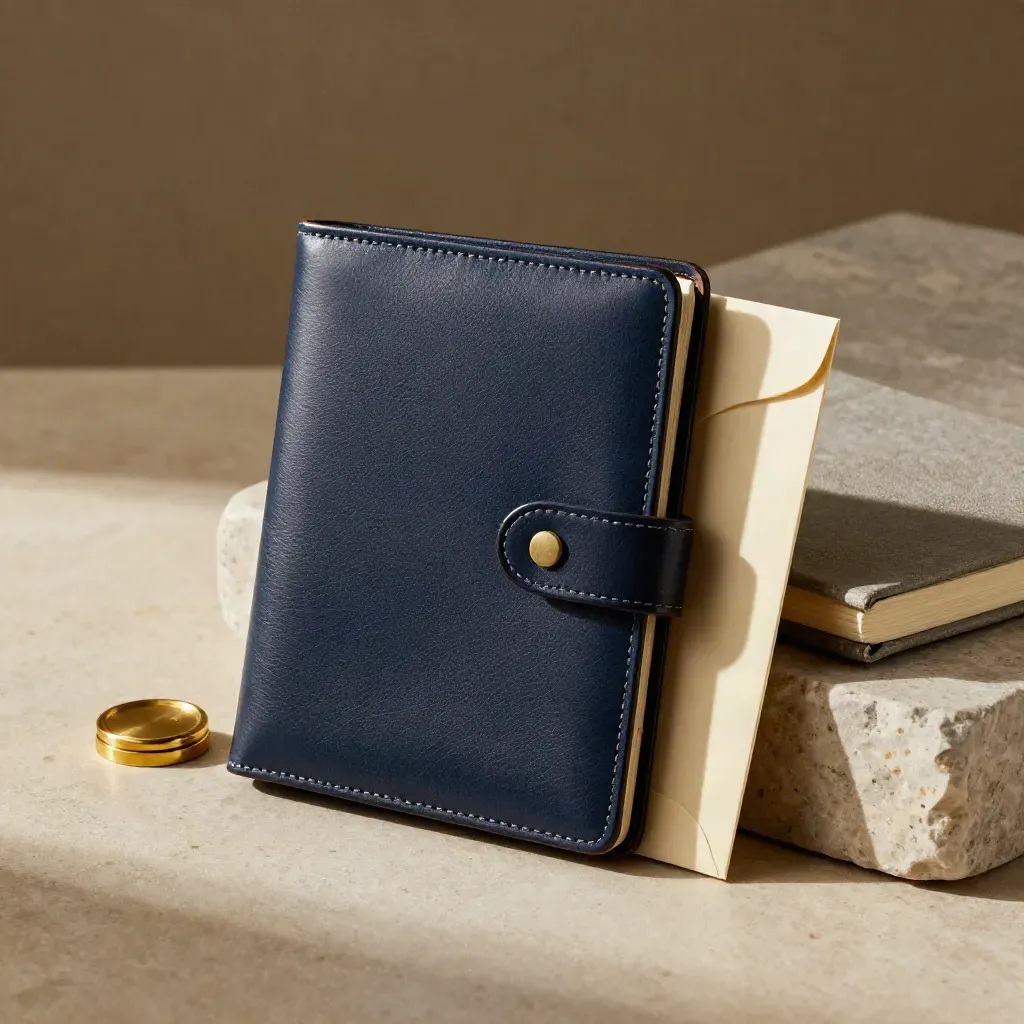 Navy leather folder with brass seal, envelope sleeves, and notebook on limestone in soft side light.