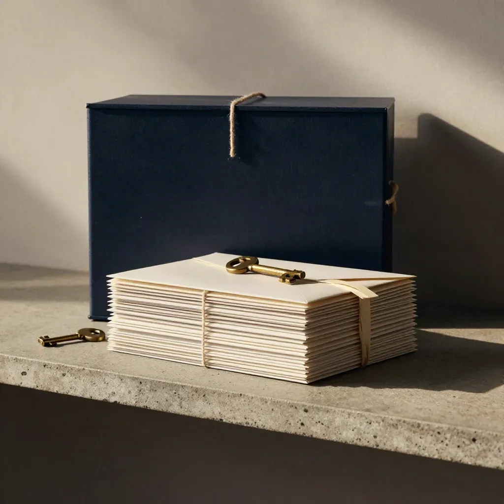 Archive box, brass key and sealed envelopes on a stone shelf in soft side light.