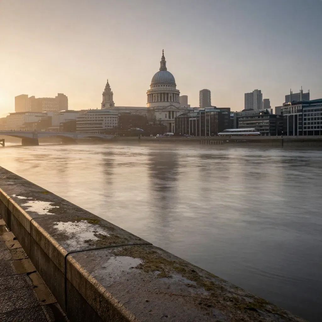 St Paul’s dome above a misty Thames bend at sunrise, with calm water and stone embankment below.