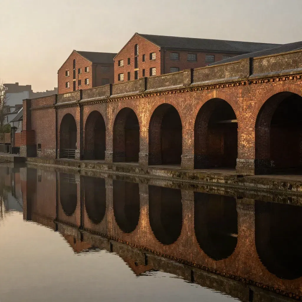 Red-brick canal viaduct and warehouse skyline reflected in still dusk water with mist.