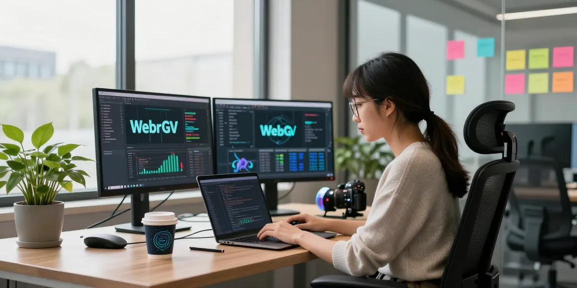 Web3 software engineer coding blockchain applications in a modern tech workspace with dual monitors and natural light.