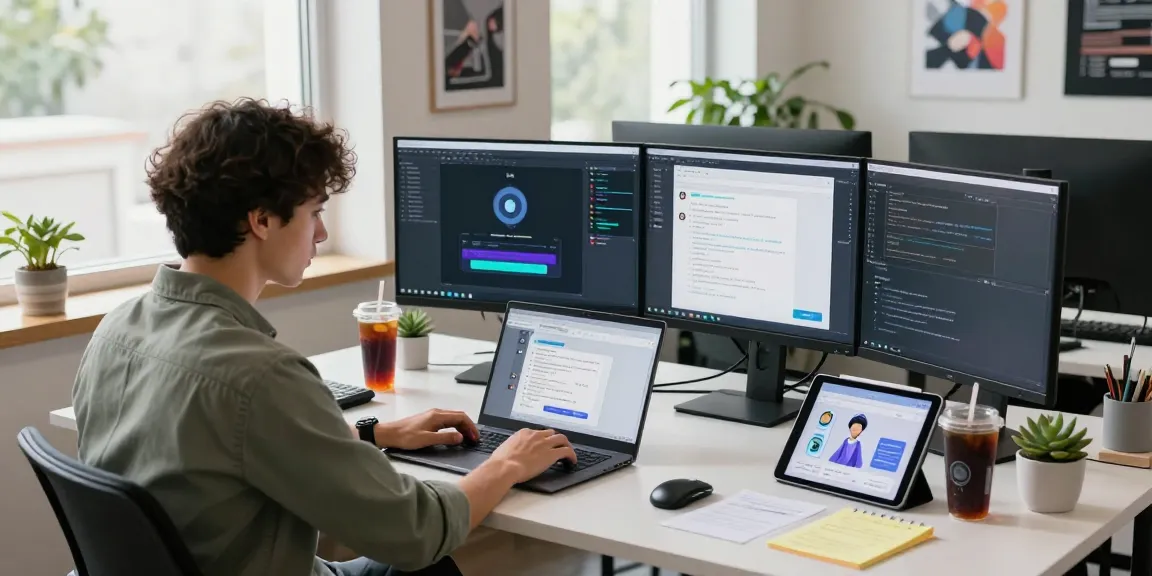 AI chat NSFW development workspace with an engineer programming and dual monitors.