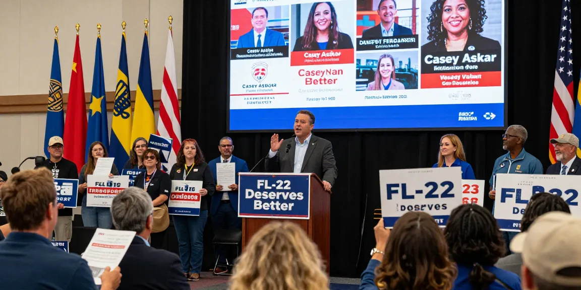 Casey Askar rally promoting transparency in FL-22 with diverse supporters.